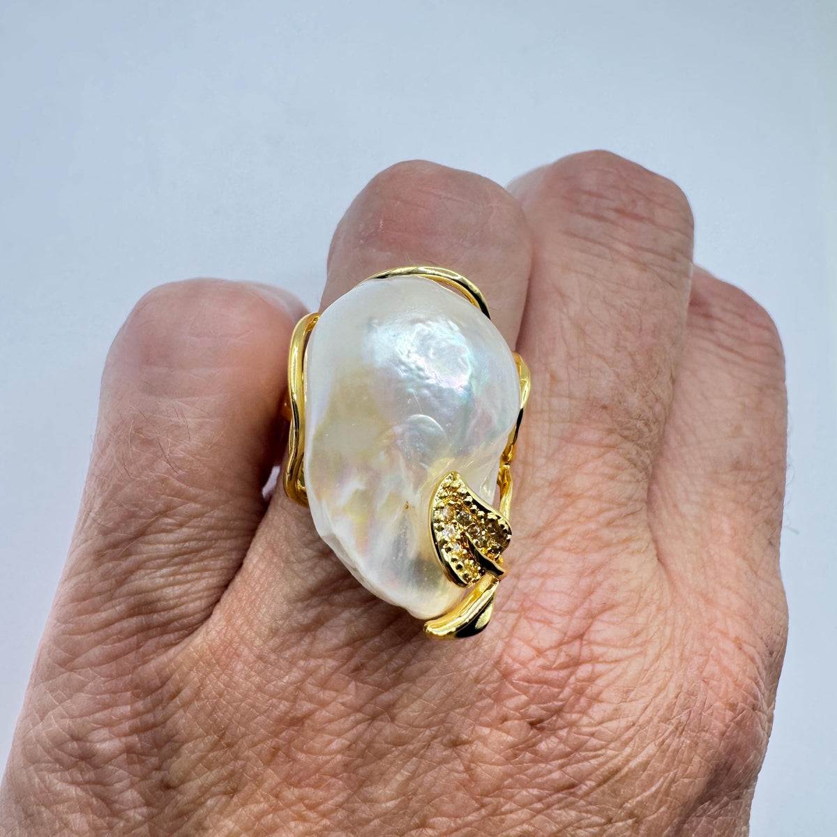 Vintage Biwa Pearl Ring Golden 925 Sterling Silver Cocktail Statement Adjustable
