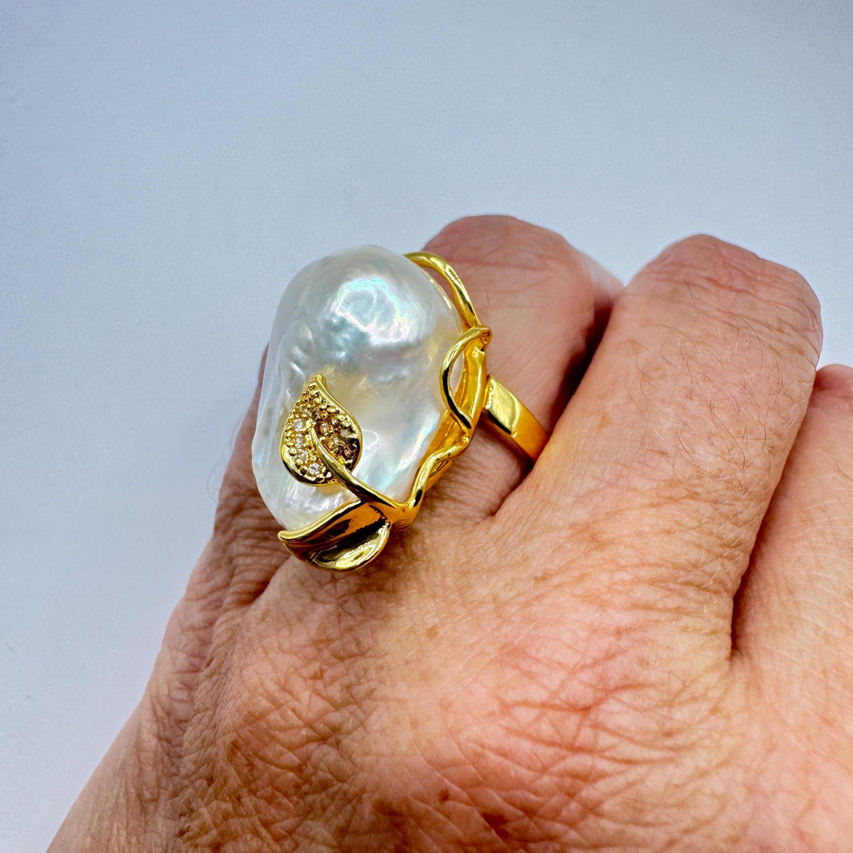 Vintage Biwa Pearl Ring Golden 925 Sterling Silver Cocktail Statement Adjustable