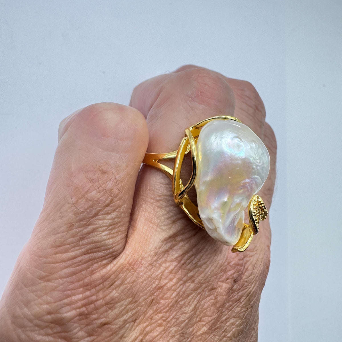 Vintage Biwa Pearl Ring Golden 925 Sterling Silver Cocktail Statement Adjustable