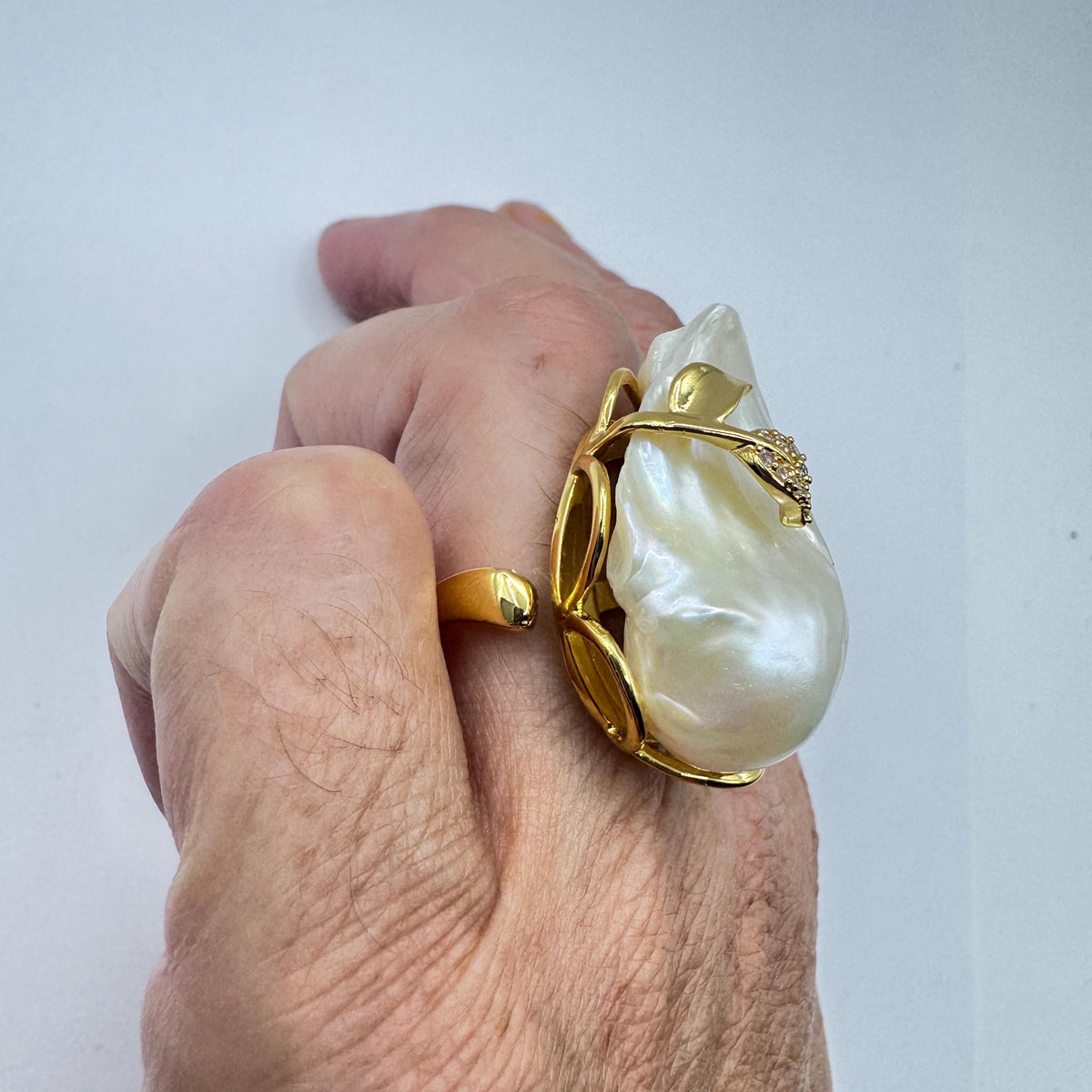 Vintage Biwa Pearl Ring Golden 925 Sterling Silver Cocktail Statement Adjustable