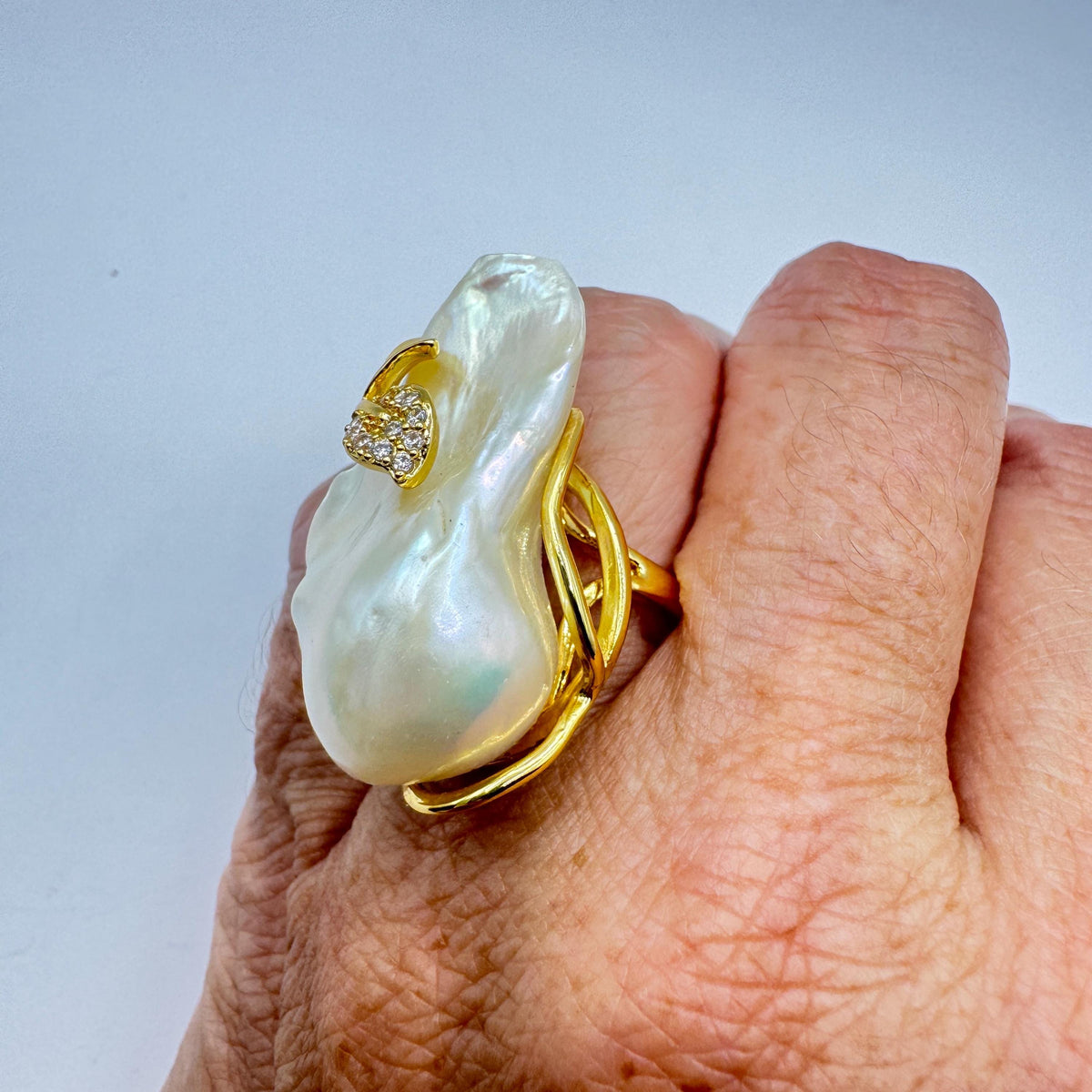 Vintage Biwa Pearl Ring Golden 925 Sterling Silver Cocktail Statement Adjustable