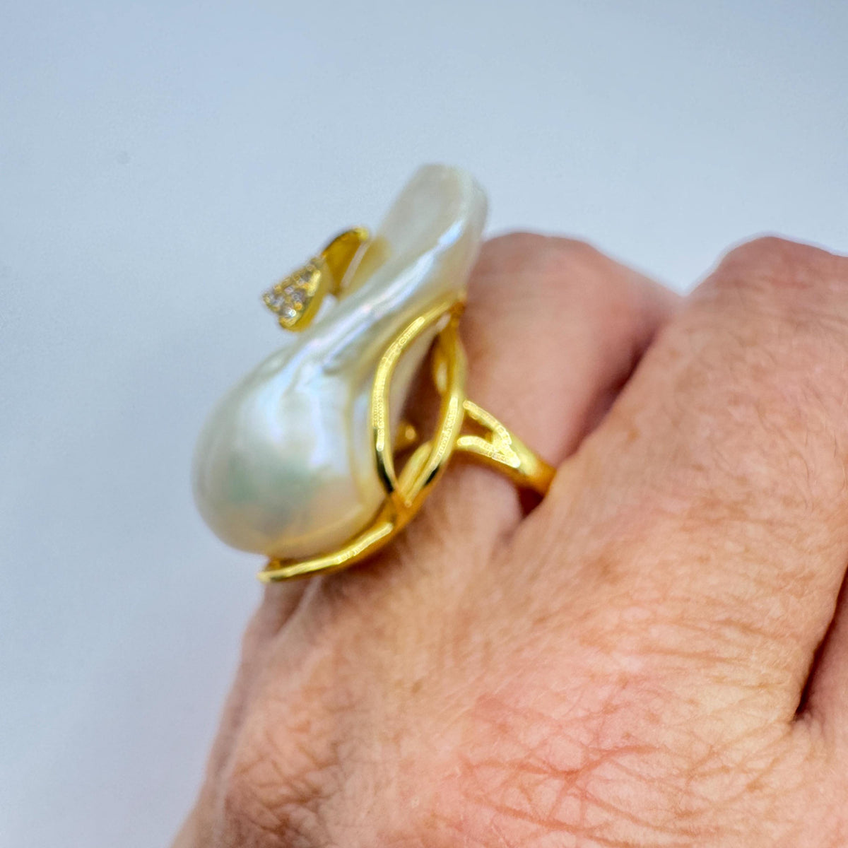 Vintage Biwa Pearl Ring Golden 925 Sterling Silver Cocktail Statement Adjustable