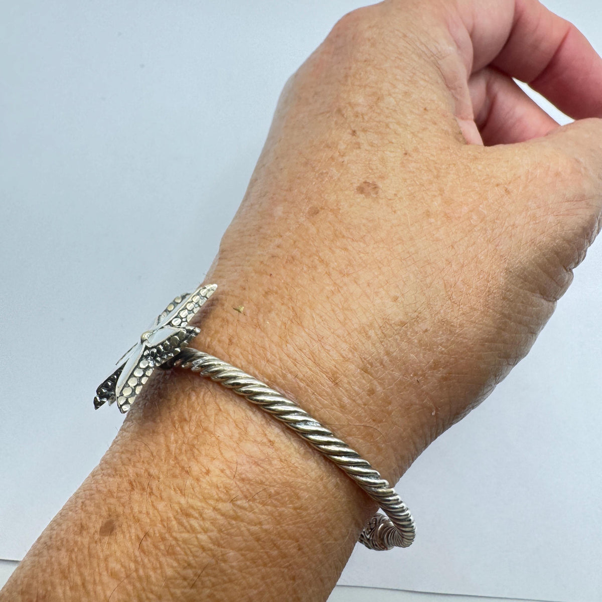 Vintage Mother of Pearl 925 Sterling Silver Cuff Bangle Bracelet