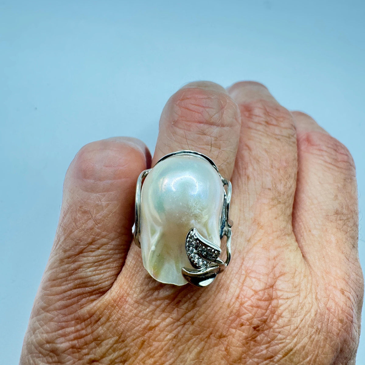Vintage Biwa Pearl Ring 925 Sterling Silver Cocktail Statement Adjustable