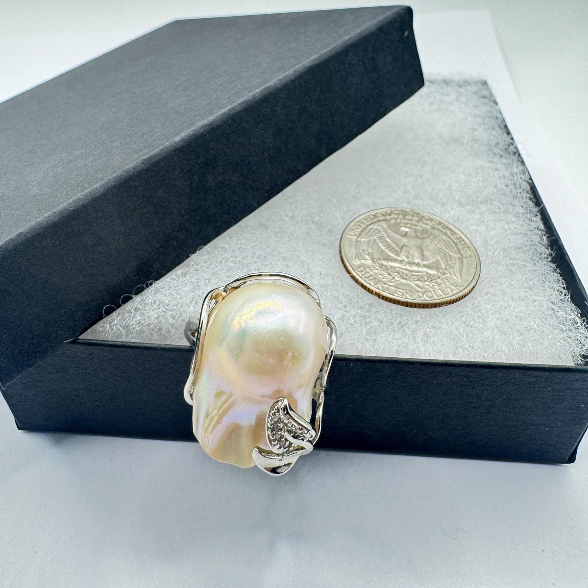 Vintage Biwa Pearl Ring 925 Sterling Silver Cocktail Statement Adjustable
