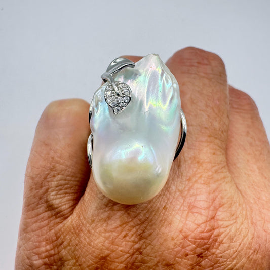 Vintage Biwa Pearl Ring 925 Sterling Silver Cocktail Statement Adjustable