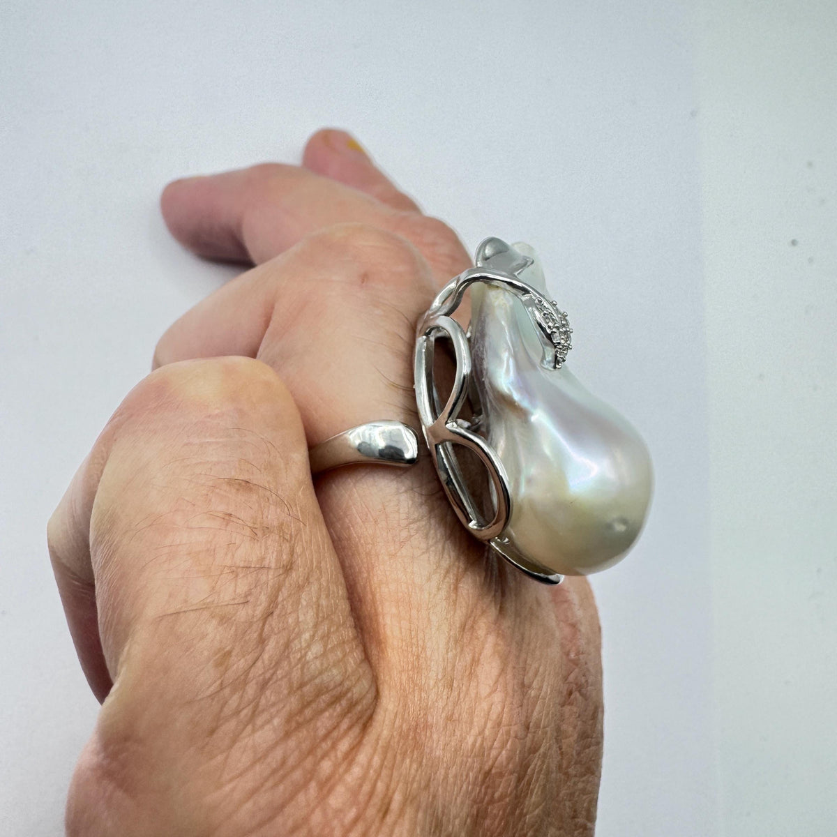 Vintage Biwa Pearl Ring 925 Sterling Silver Cocktail Statement Adjustable