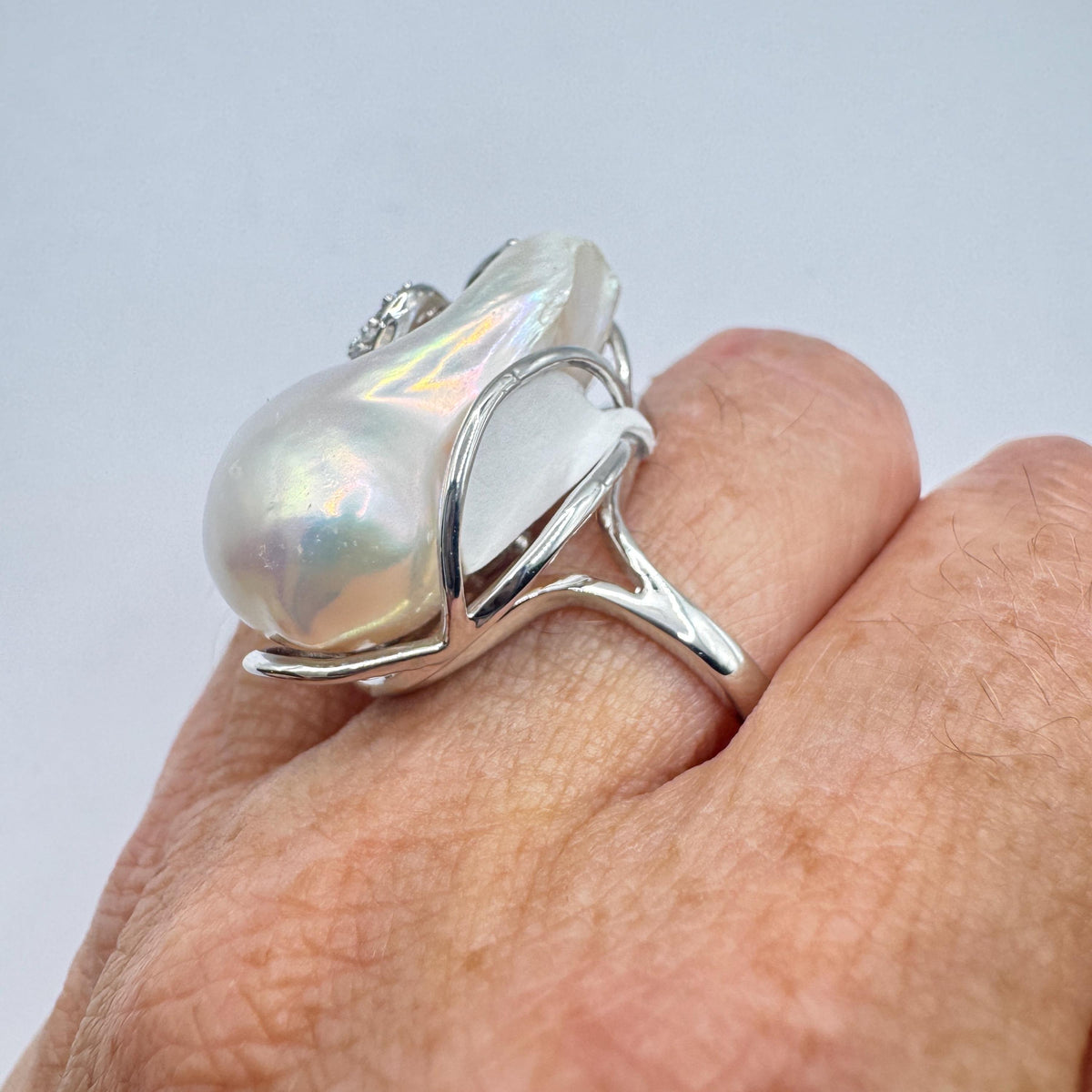 Vintage Biwa Pearl Ring 925 Sterling Silver Cocktail Statement Adjustable