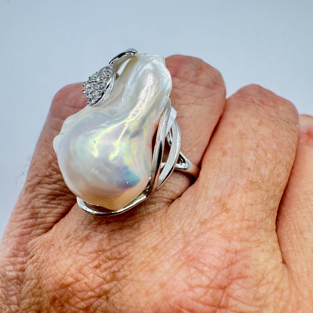 Vintage Biwa Pearl Ring 925 Sterling Silver Cocktail Statement Adjustable