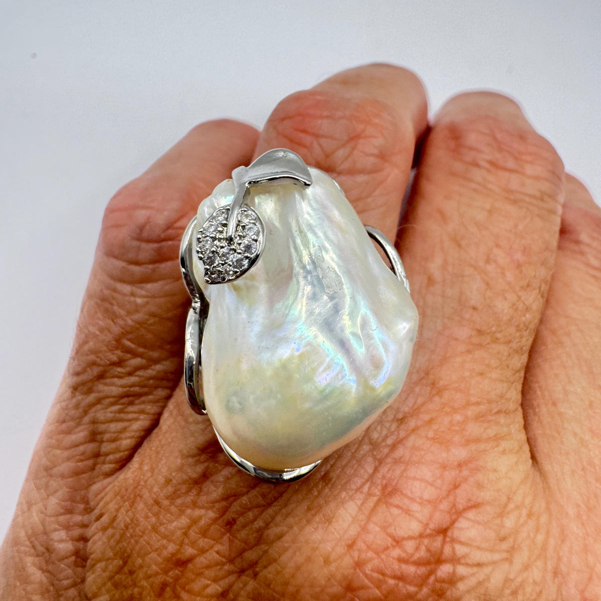 Vintage Biwa Pearl Ring 925 Sterling Silver Cocktail Statement Adjustable