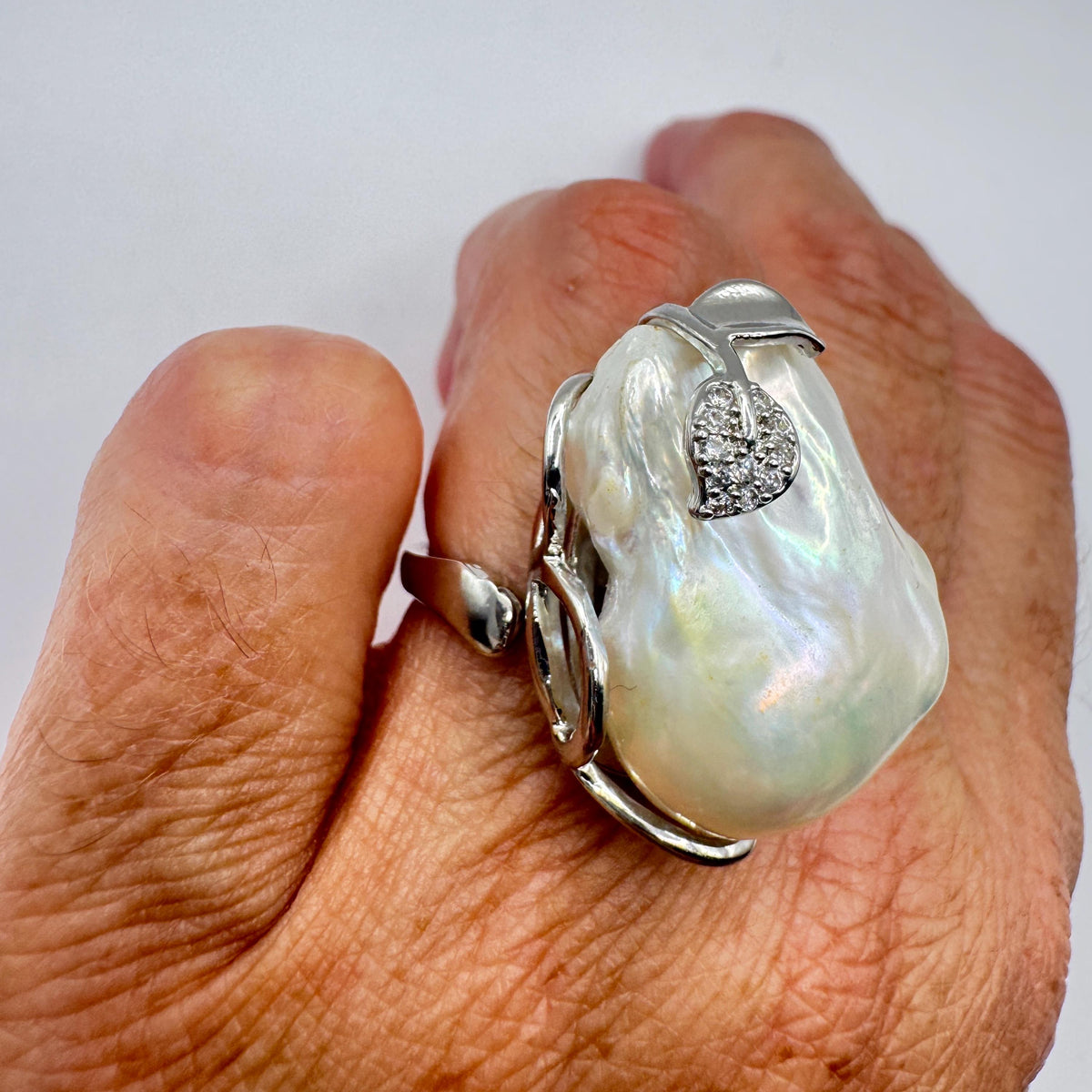 Vintage Biwa Pearl Ring 925 Sterling Silver Cocktail Statement Adjustable