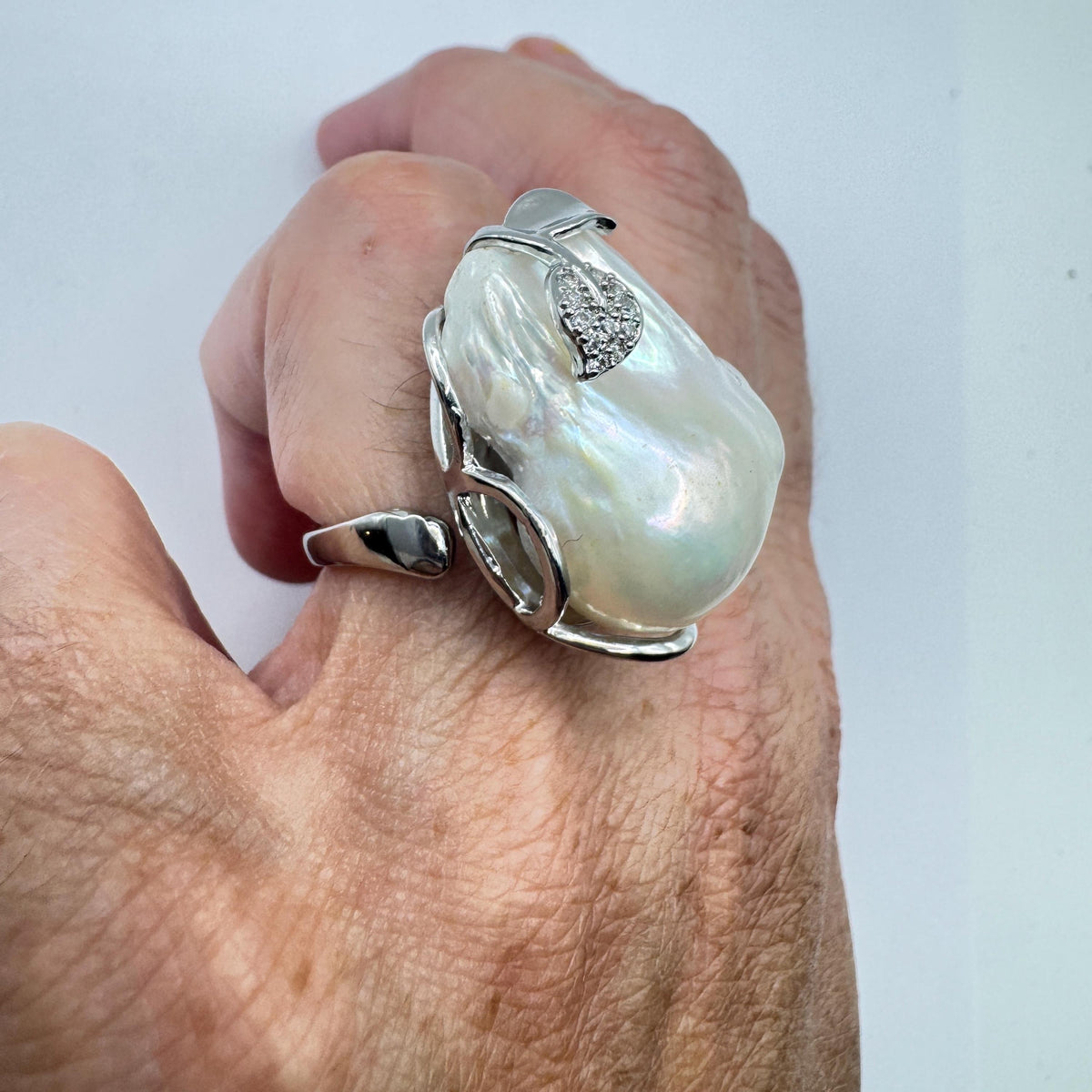 Vintage Biwa Pearl Ring 925 Sterling Silver Cocktail Statement Adjustable