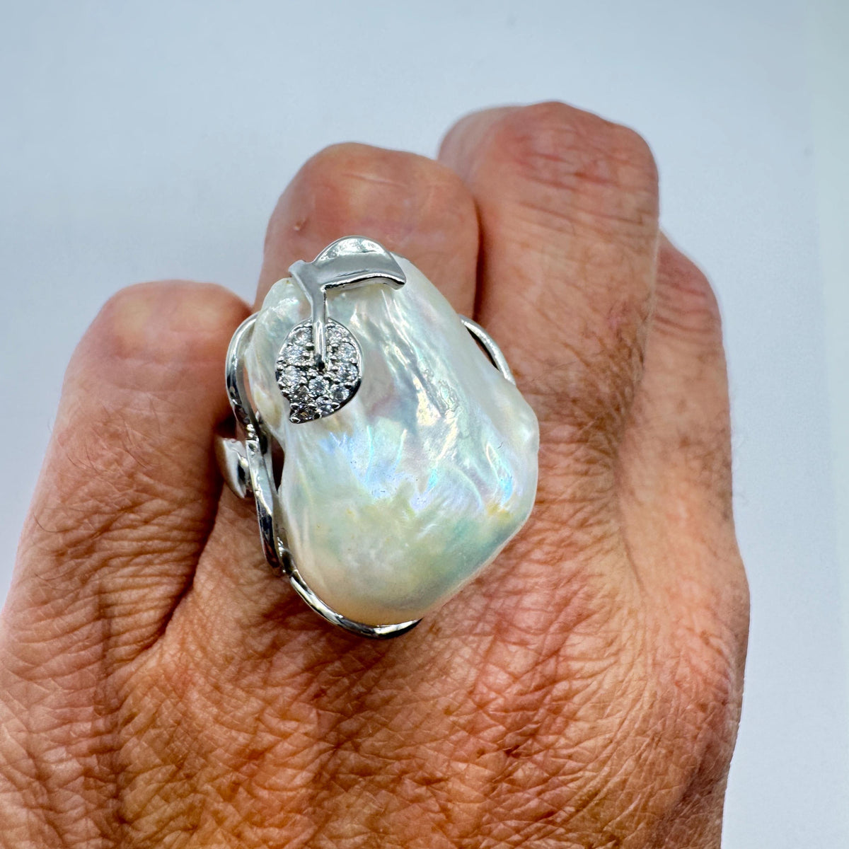 Vintage Biwa Pearl Ring 925 Sterling Silver Cocktail Statement Adjustable