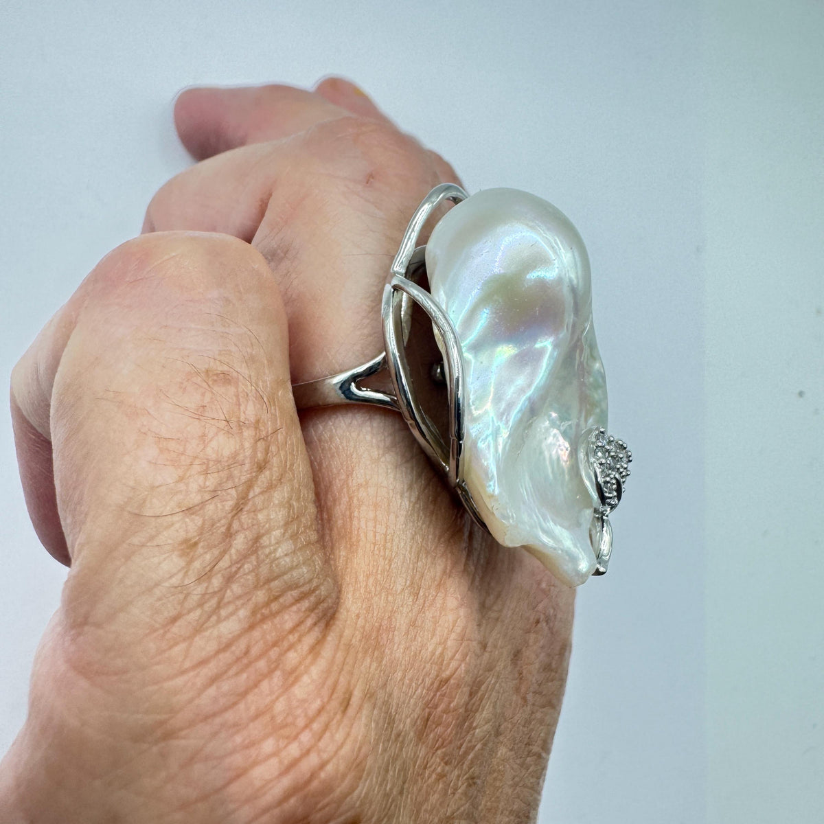 Vintage Biwa Pearl Ring 925 Sterling Silver Cocktail Statement Adjustable
