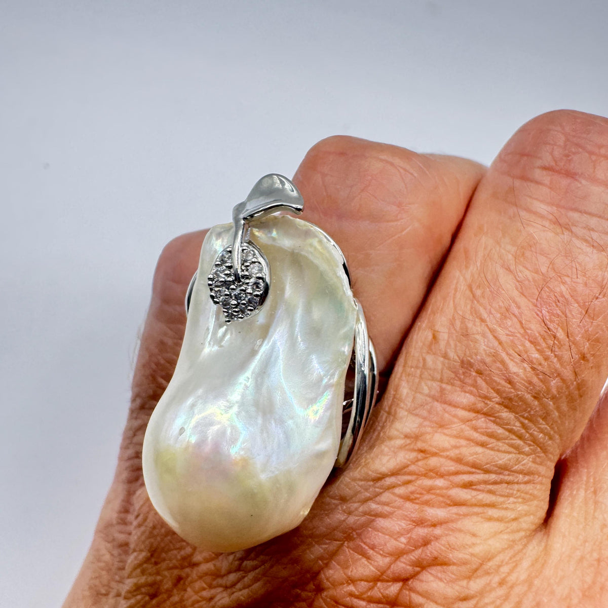Vintage Biwa Pearl Ring 925 Sterling Silver Cocktail Statement Adjustable