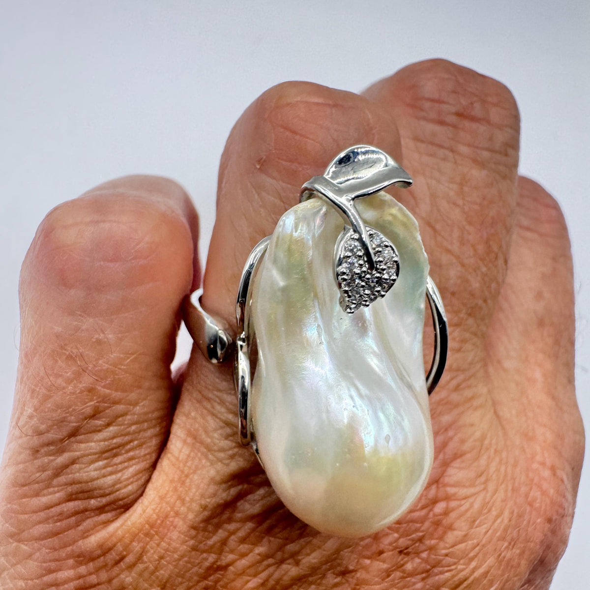 Vintage Biwa Pearl Ring 925 Sterling Silver Cocktail Statement Adjustable