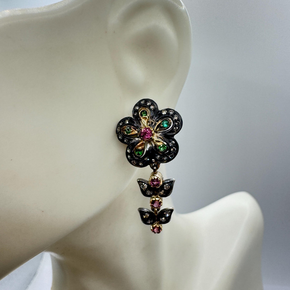 Vintage 925 Sterling Silver Gold Diamond Tourmaline Drop Earrings