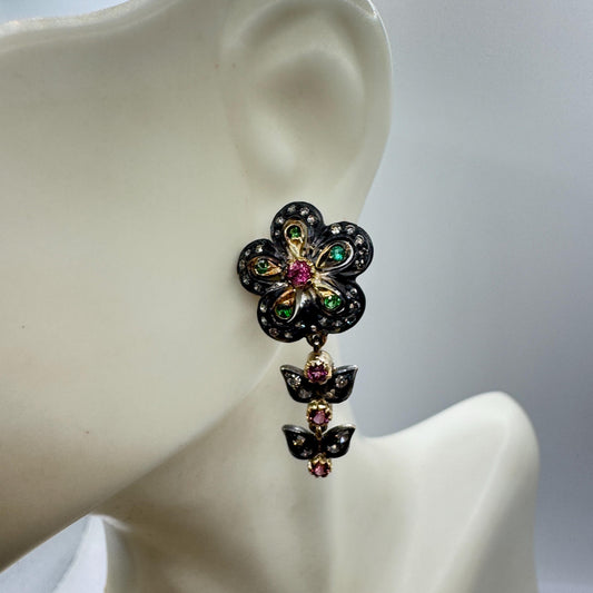 Vintage 925 Sterling Silver Gold Diamond Tourmaline Drop Earrings