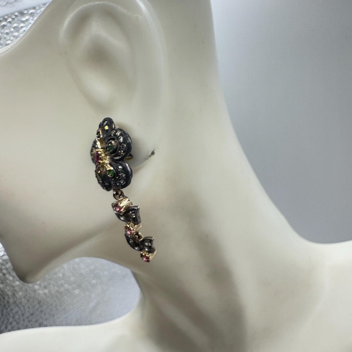 Vintage 925 Sterling Silver Gold Diamond Tourmaline Drop Earrings