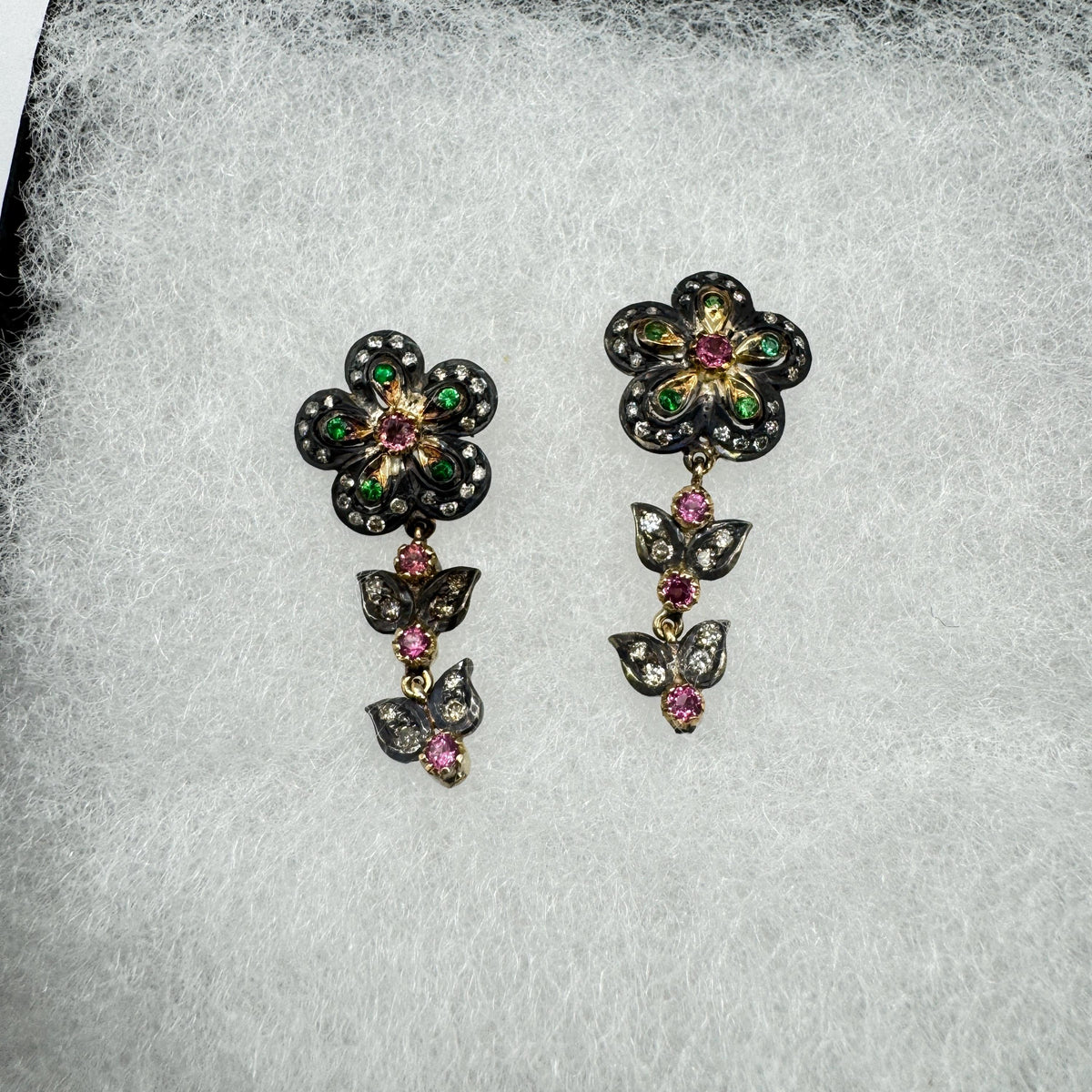 Vintage 925 Sterling Silver Gold Diamond Tourmaline Drop Earrings