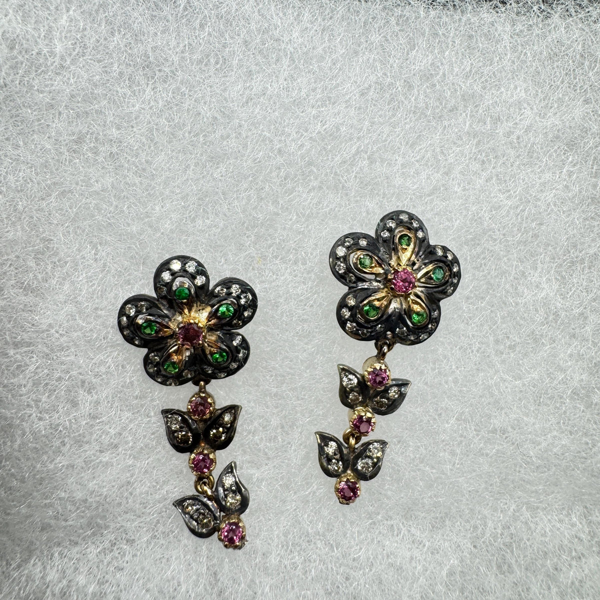 Vintage 925 Sterling Silver Gold Diamond Tourmaline Drop Earrings