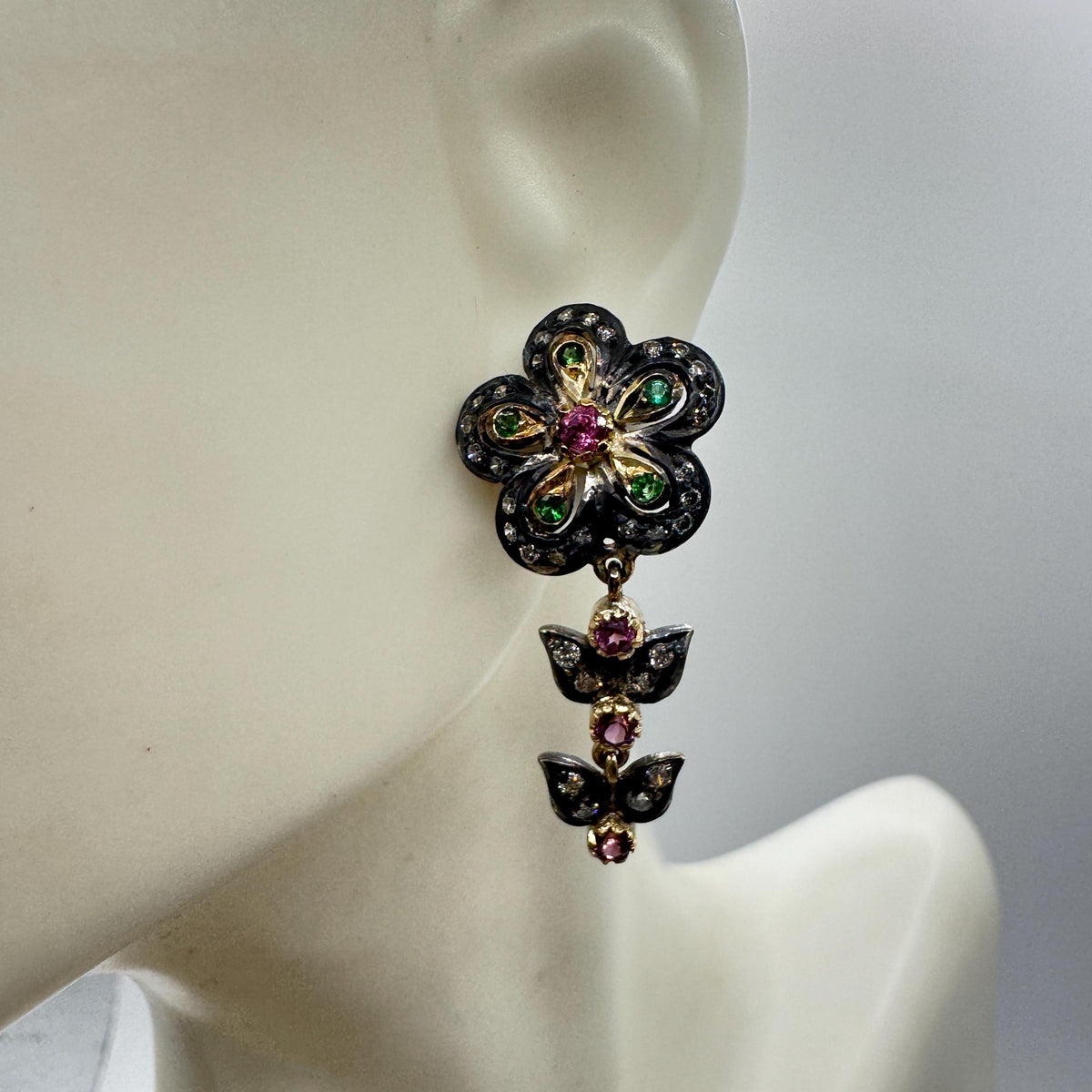 Vintage 925 Sterling Silver Gold Diamond Tourmaline Drop Earrings