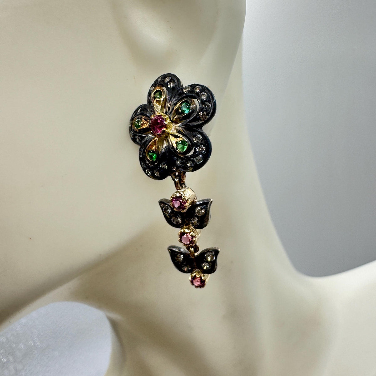 Vintage 925 Sterling Silver Gold Diamond Tourmaline Drop Earrings