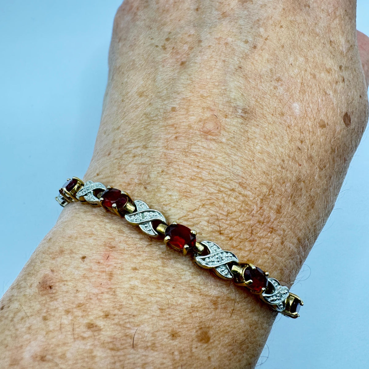 Vintage Red Garnet and Diamond Chip Bracelet 925 Sterling Silver Deco Tennis