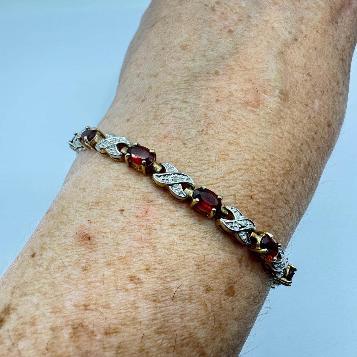 Vintage Red Garnet and Diamond Chip Bracelet 925 Sterling Silver Deco Tennis