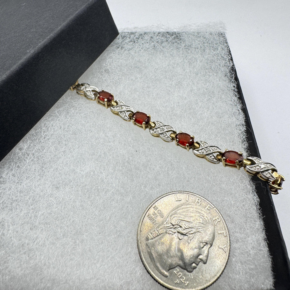 Vintage Red Garnet and Diamond Chip Bracelet 925 Sterling Silver Deco Tennis