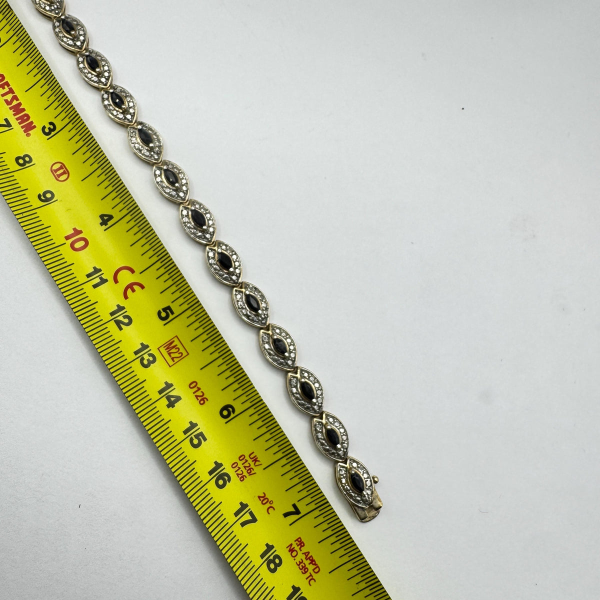 Vintage Deco Blue Sapphire Tennis Bracelet, Golden 925 Sterling Silver (7.25 Inch)