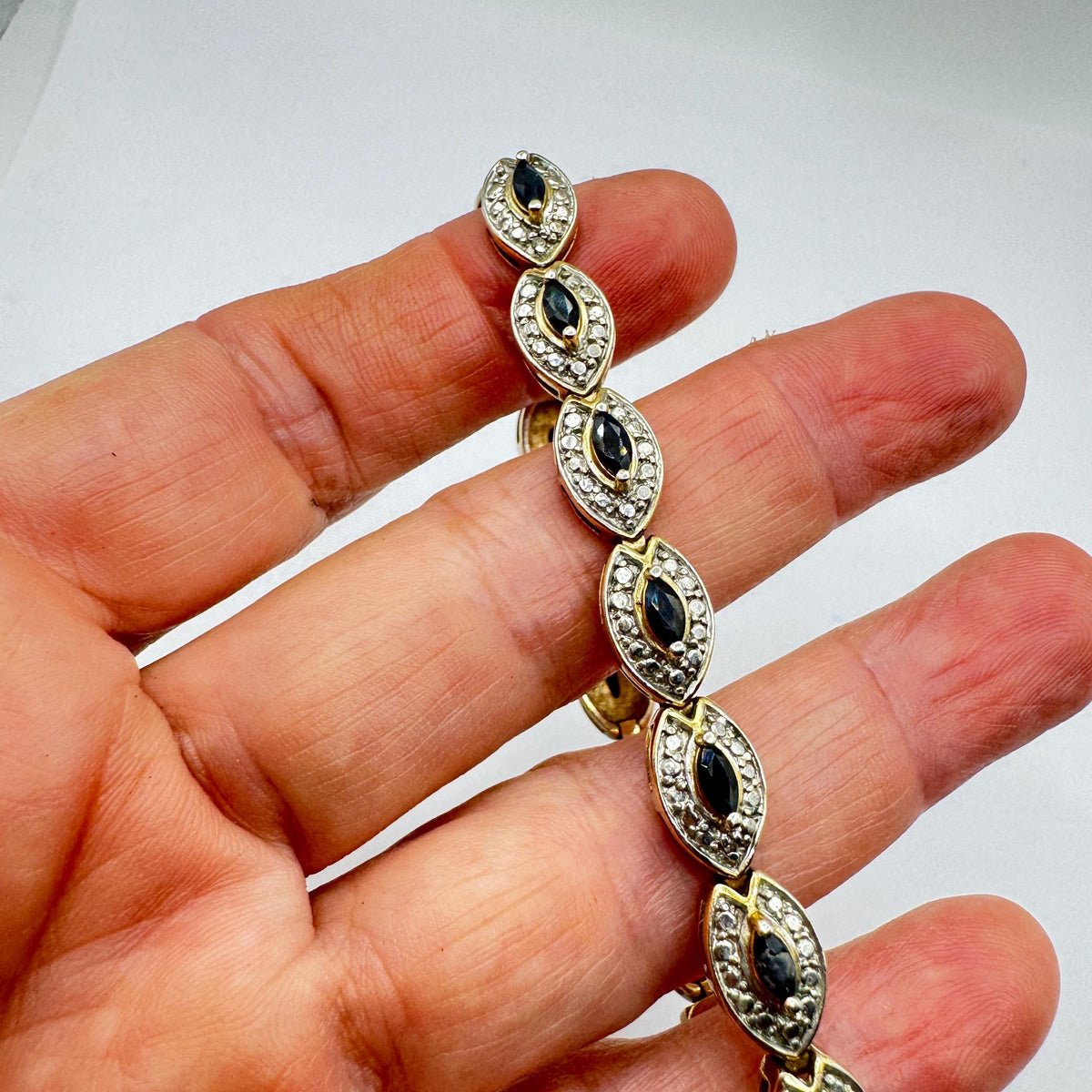 Vintage Deco Blue Sapphire Tennis Bracelet, Golden 925 Sterling Silver (7.25 Inch)