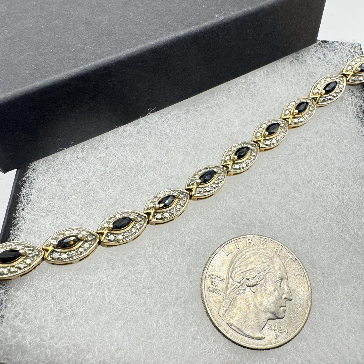 Vintage Deco Blue Sapphire Tennis Bracelet, Golden 925 Sterling Silver (7.25 Inch)