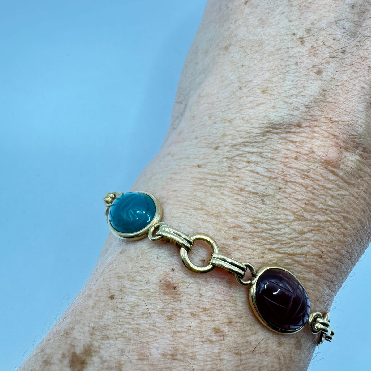Vintage Scarab Bracelet Egyptian Revival Gold filled Carved Gemstones