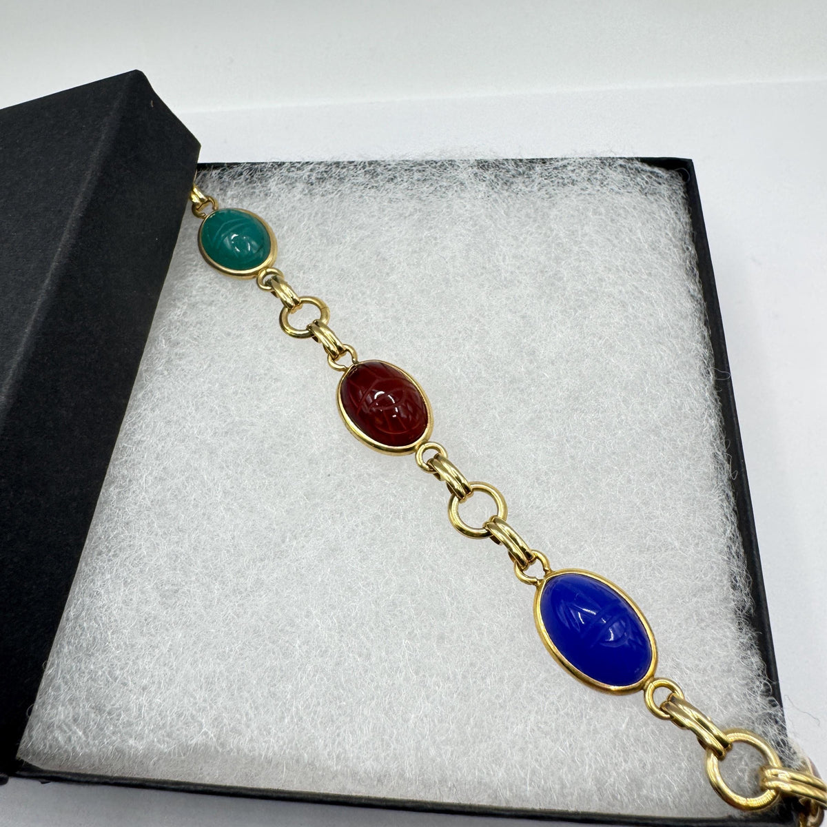 Vintage Scarab Bracelet Egyptian Revival Gold filled Carved Gemstones