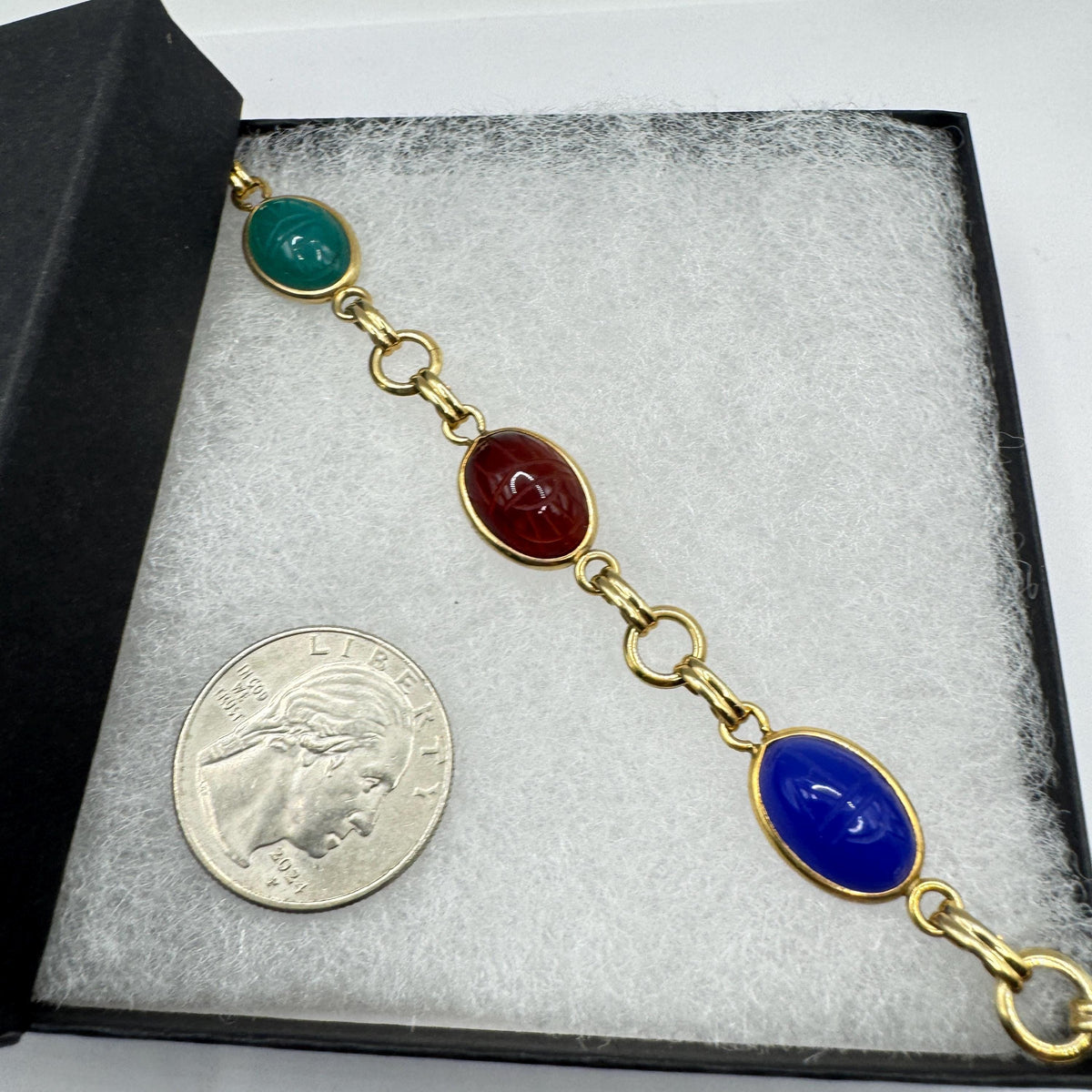 Vintage Scarab Bracelet Egyptian Revival Gold filled Carved Gemstones