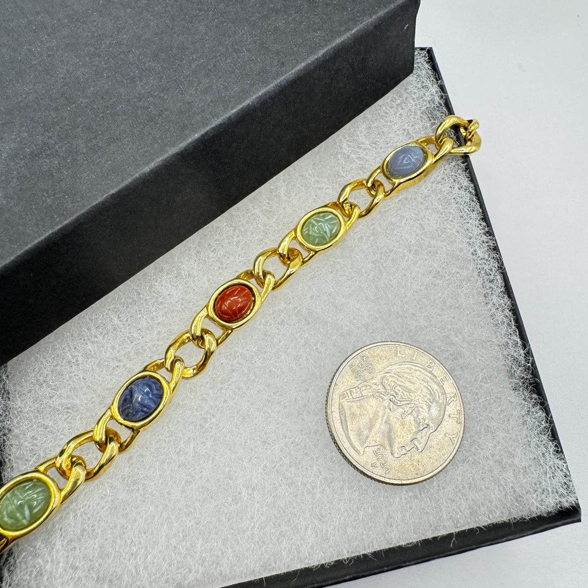 Vintage Scarab Bracelet Egyptian Revival Gold filled Carved Gemstones