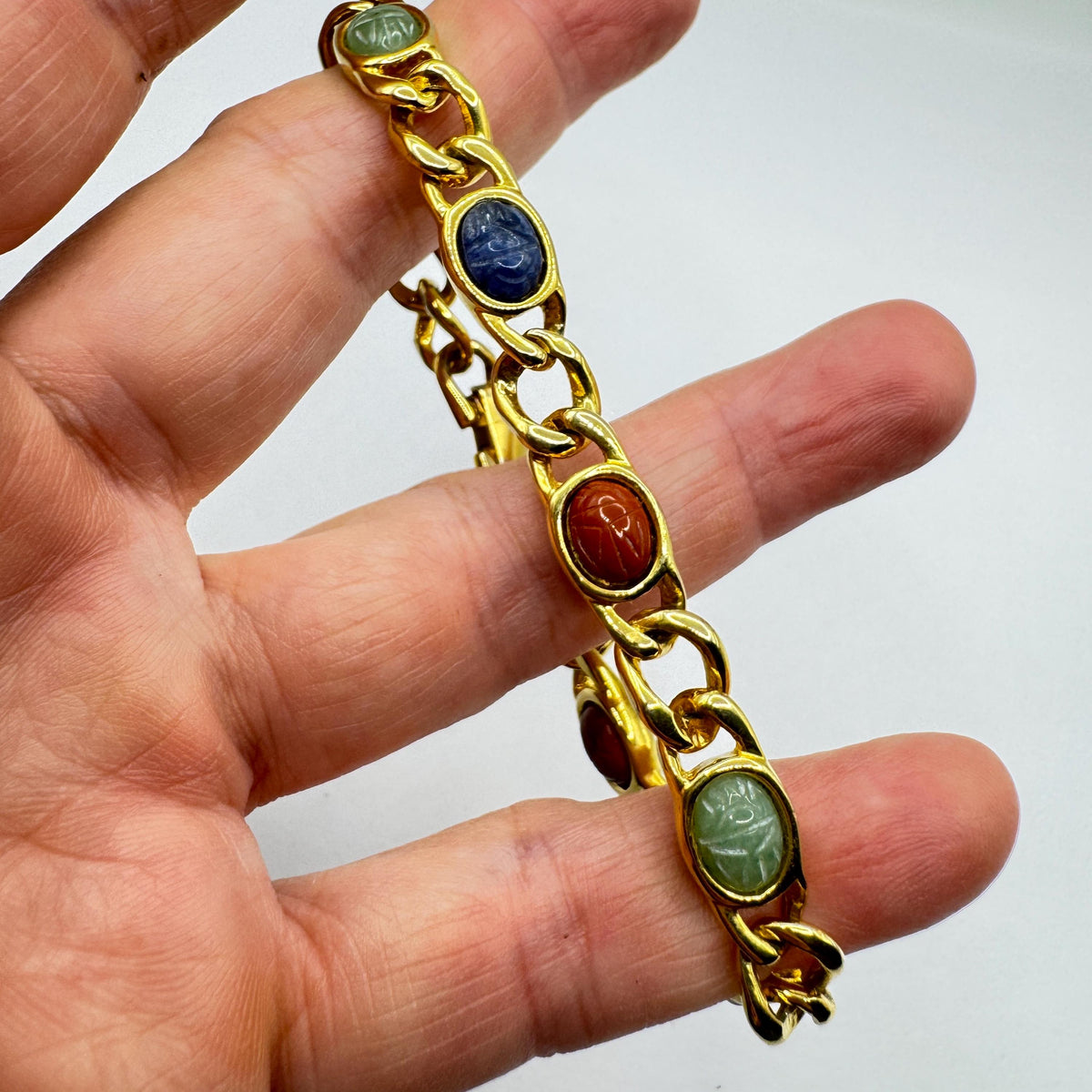 Vintage Scarab Bracelet Egyptian Revival Gold filled Carved Gemstones