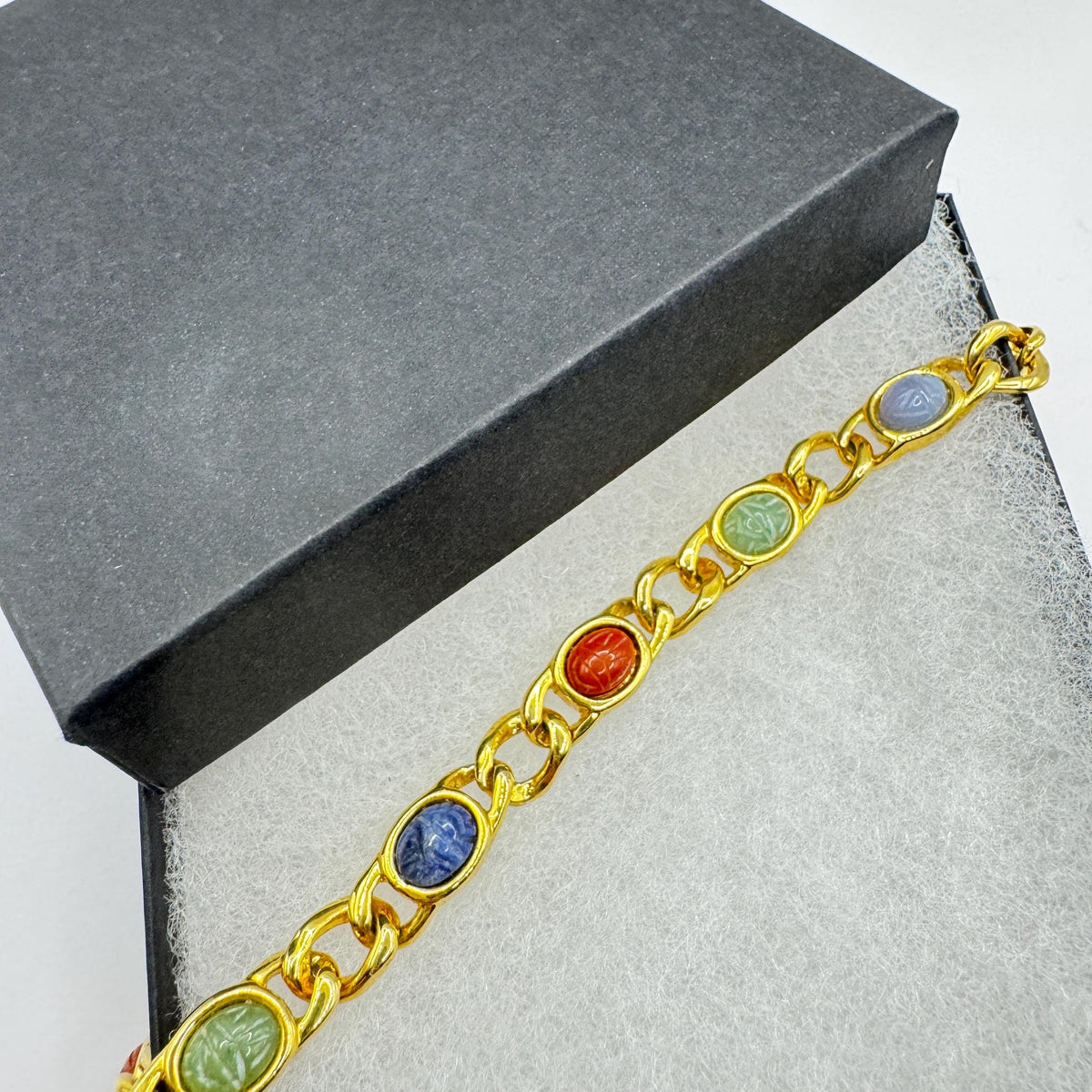 Vintage Scarab Bracelet Egyptian Revival Gold filled Carved Gemstones