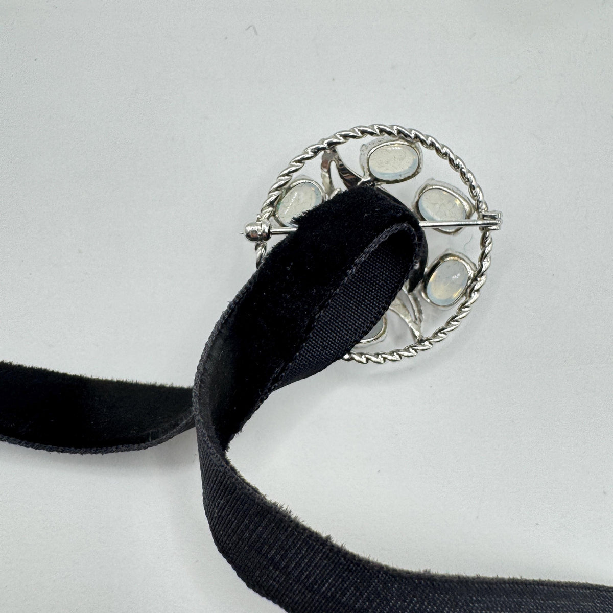 Vintage White Moonstone 925 Sterling Silver Rhodium Brooch Pin Necklace Black Velvet Choker