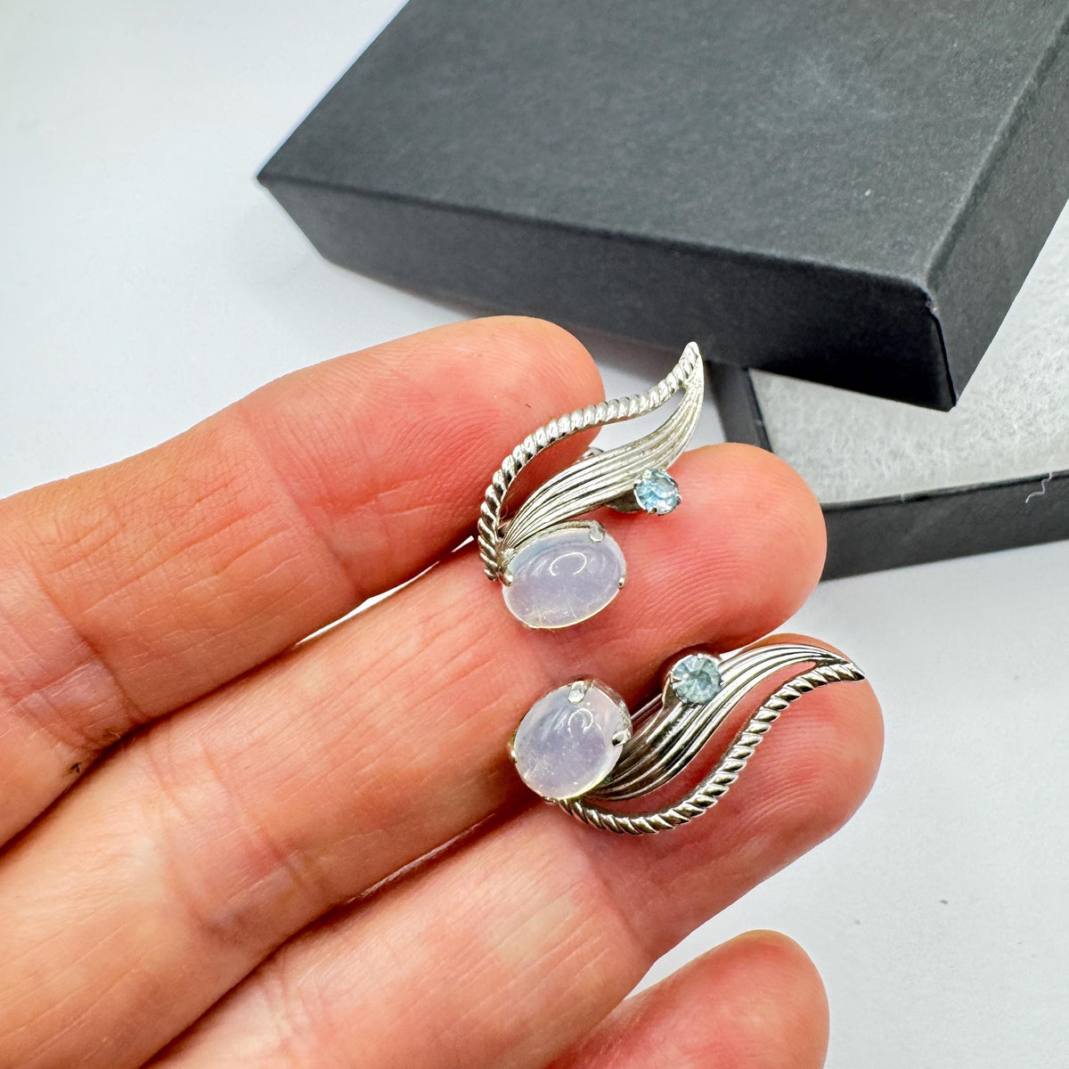 Vintage White Moonstone Blue Crystal Sterling Silver Screw on Clip Earrings non pierced