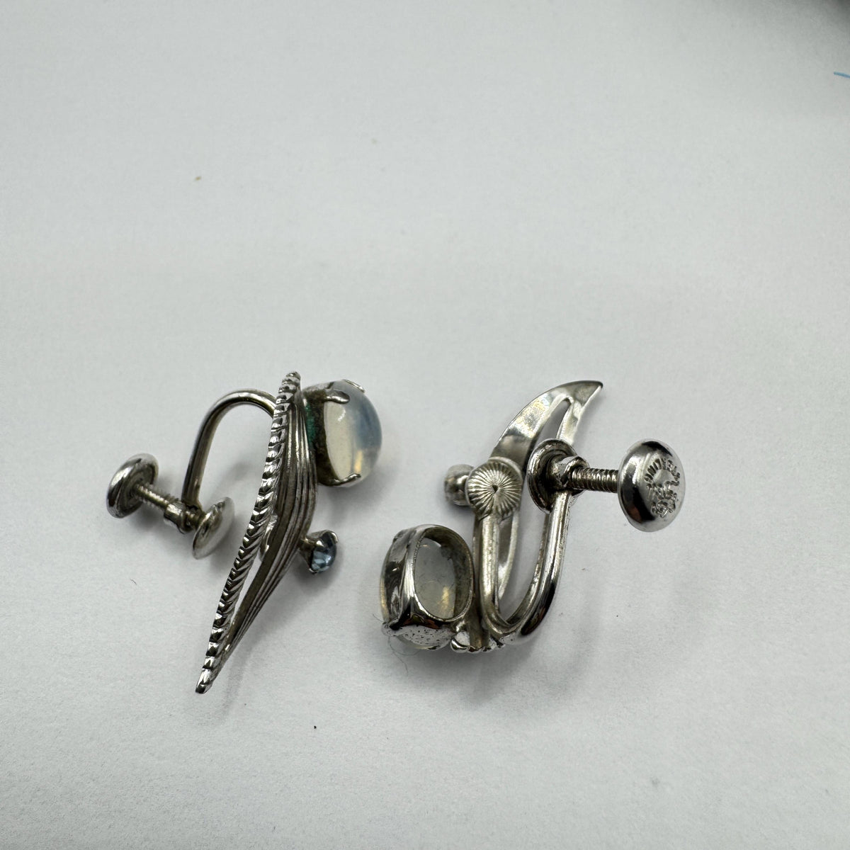 Vintage White Moonstone Blue Crystal Sterling Silver Screw on Clip Earrings non pierced