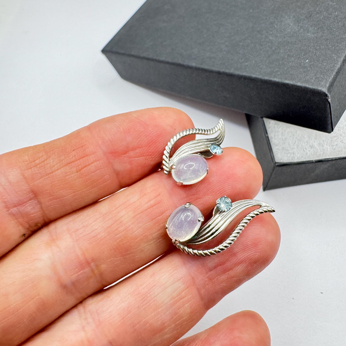 Vintage White Moonstone Blue Crystal Sterling Silver Screw on Clip Earrings non pierced
