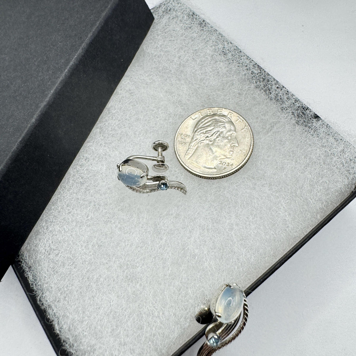 Vintage White Moonstone Blue Crystal Sterling Silver Screw on Clip Earrings non pierced