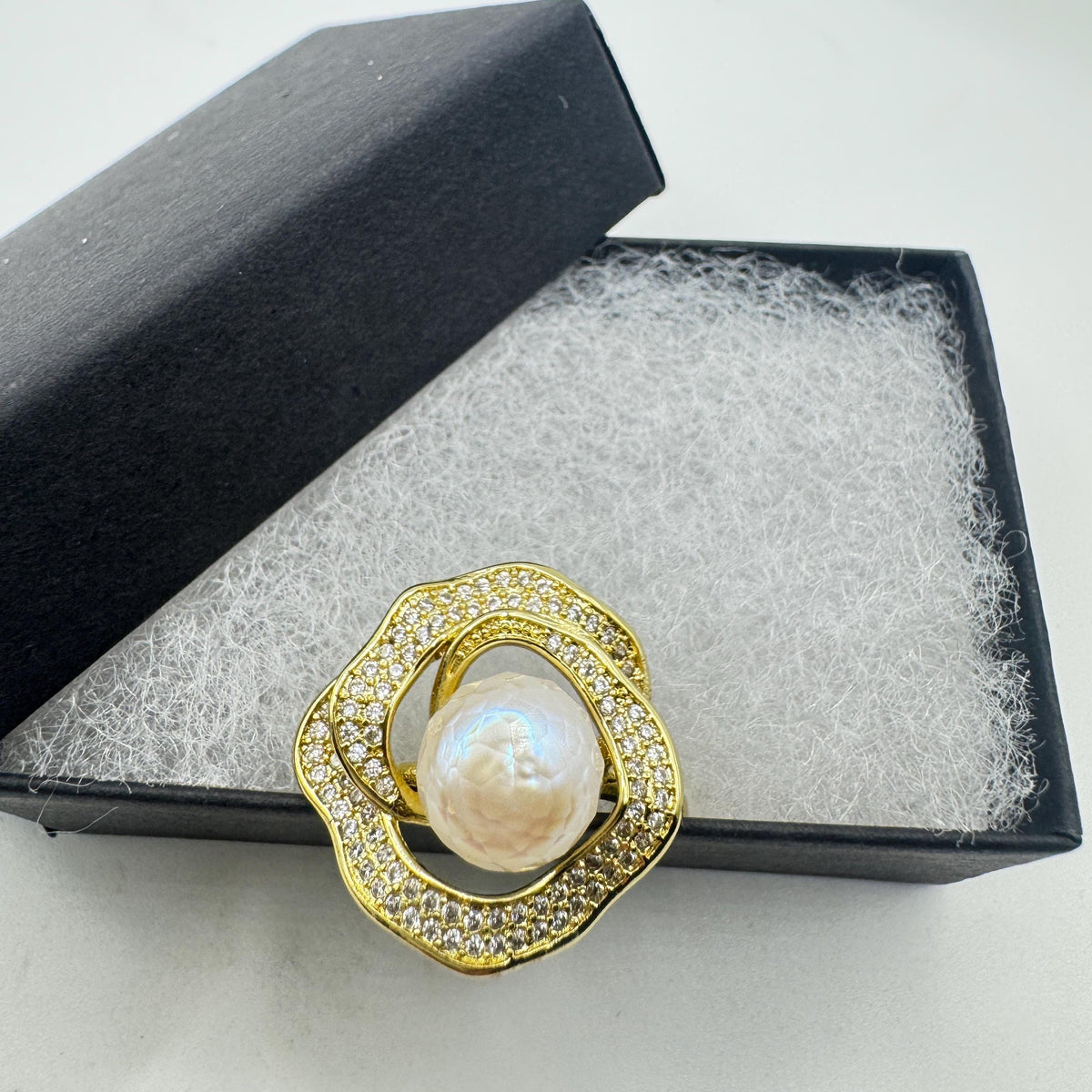 Vintage Biwa Pearl Ring Golden 925 Sterling Silver Cocktail Statement Adjustable