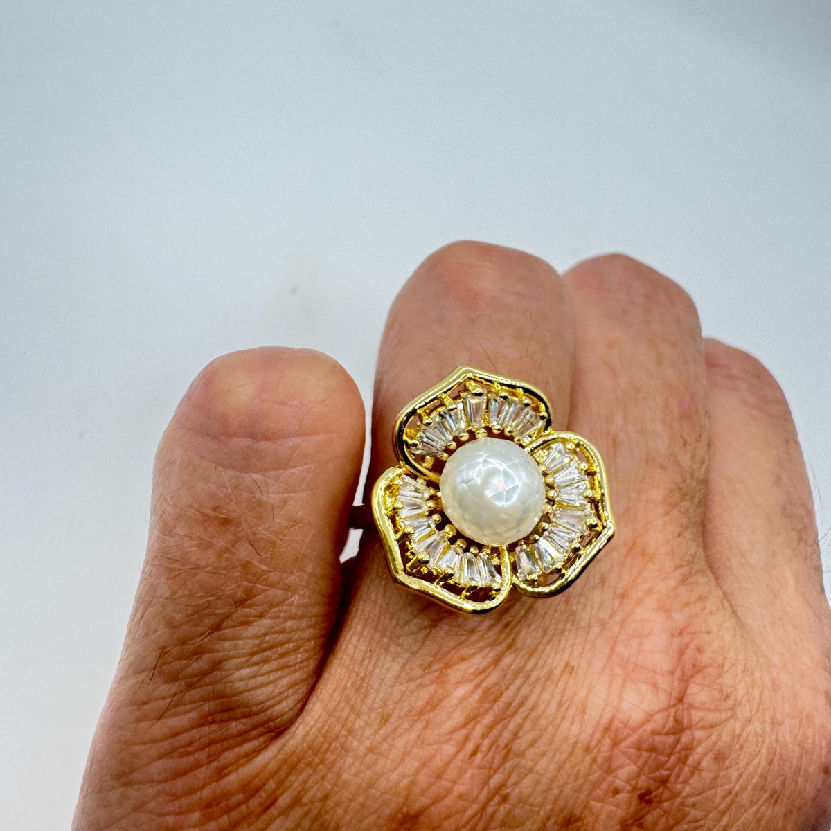 Vintage Biwa Pearl Ring Golden 925 Sterling Silver Cocktail Statement Adjustable