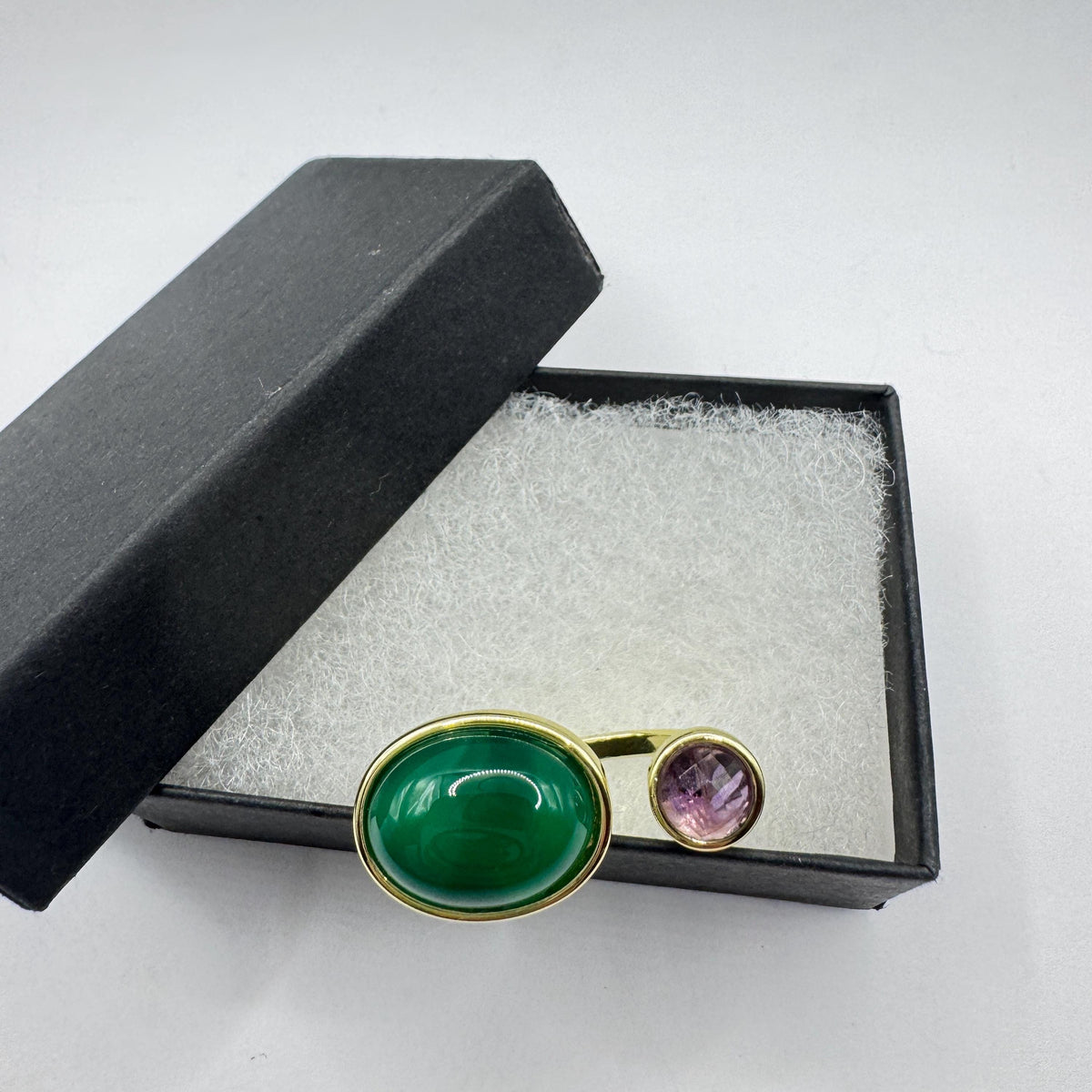 Vintage Green Onyx Purple Amethyst Ring Golden Bronze Cocktail Statement Adjustable