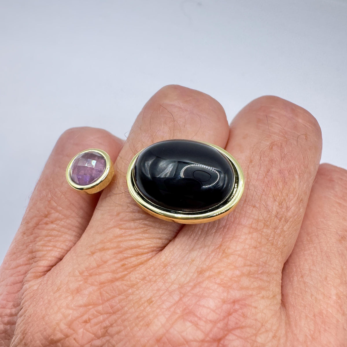 Vintage Black Onyx Purple Amethyst Ring Golden Bronze Cocktail Statement Adjustable
