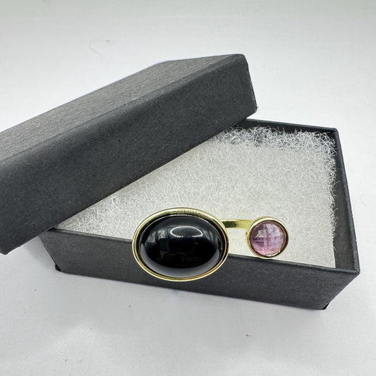 Vintage Black Onyx Purple Amethyst Ring Golden Bronze Cocktail Statement Adjustable