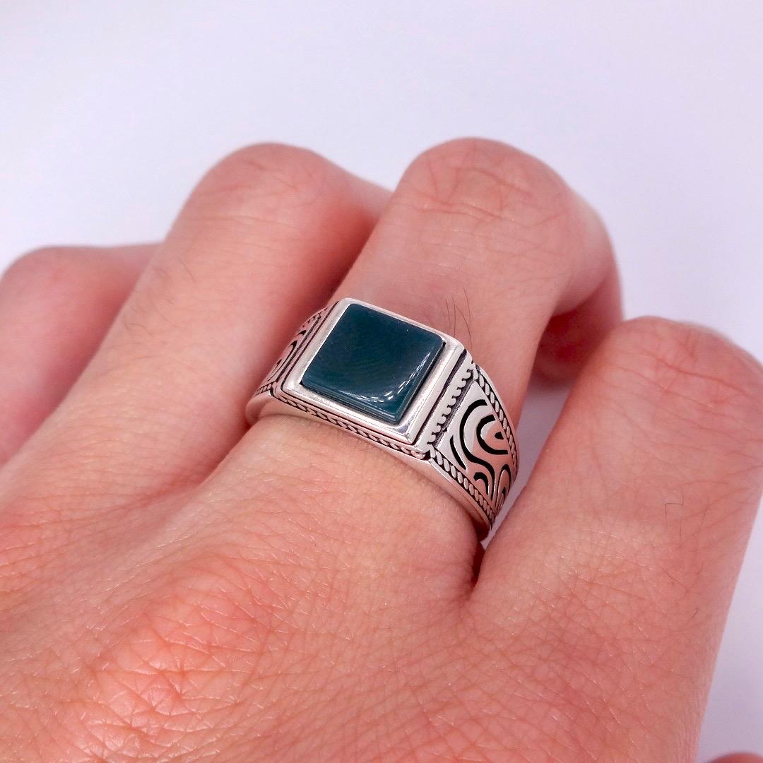 Vintage Green Onyx Mens Ring 925 Sterling Silver